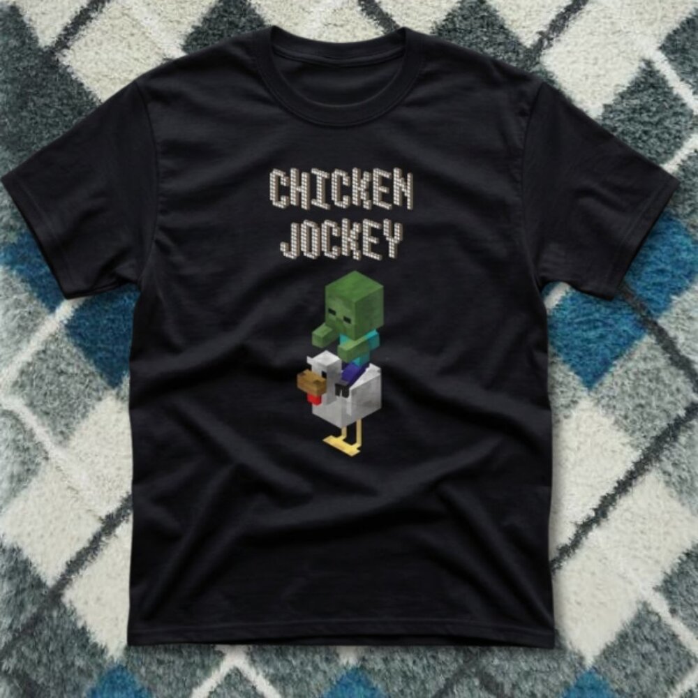 Black Minecraft Chicken Jockey Tee – Funny Gaming Pixel Graphic Shirt